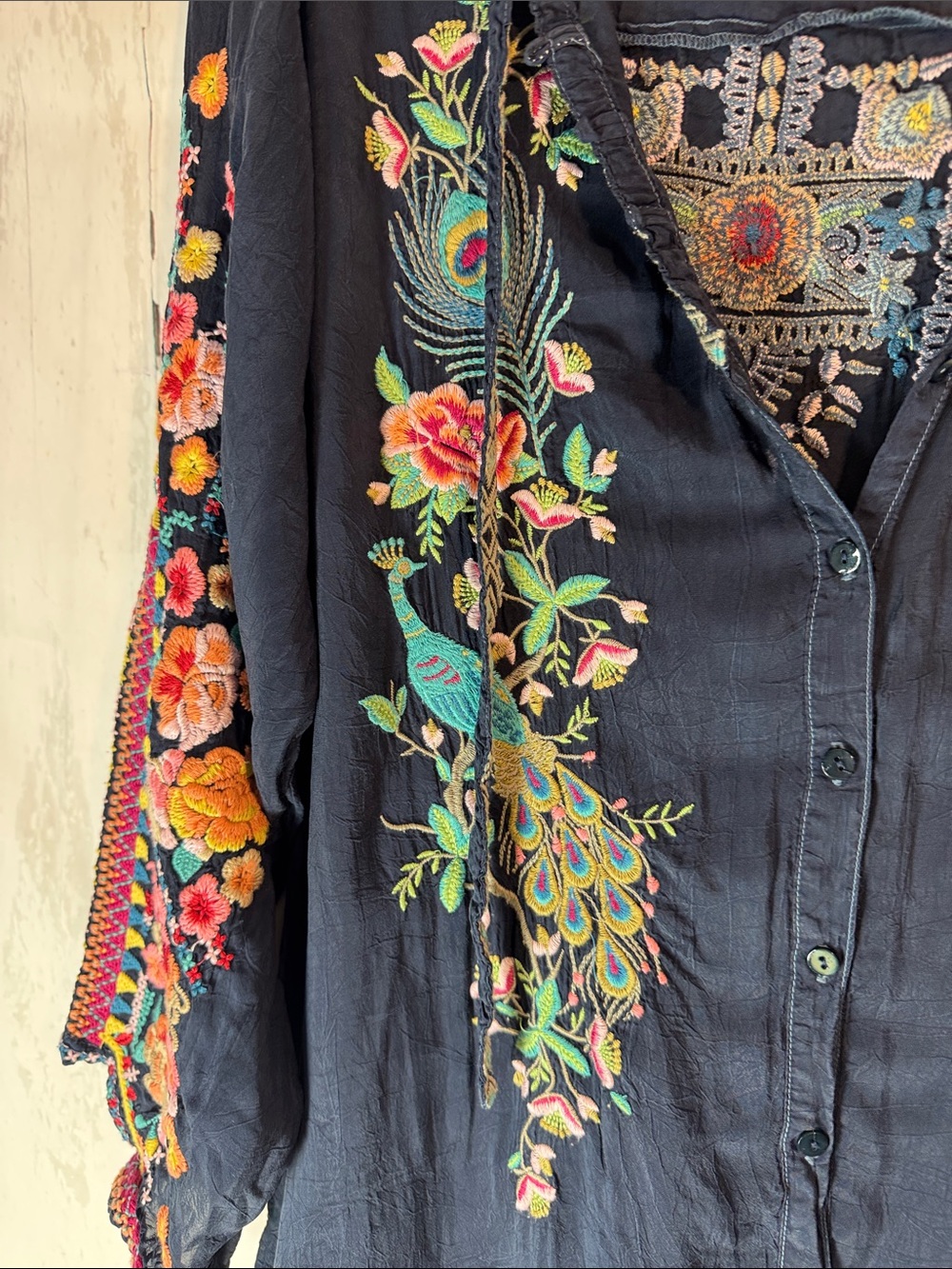 Johnny Was Navy Embroidered Peacock Button-Front Blouse - Picture 3 of 10